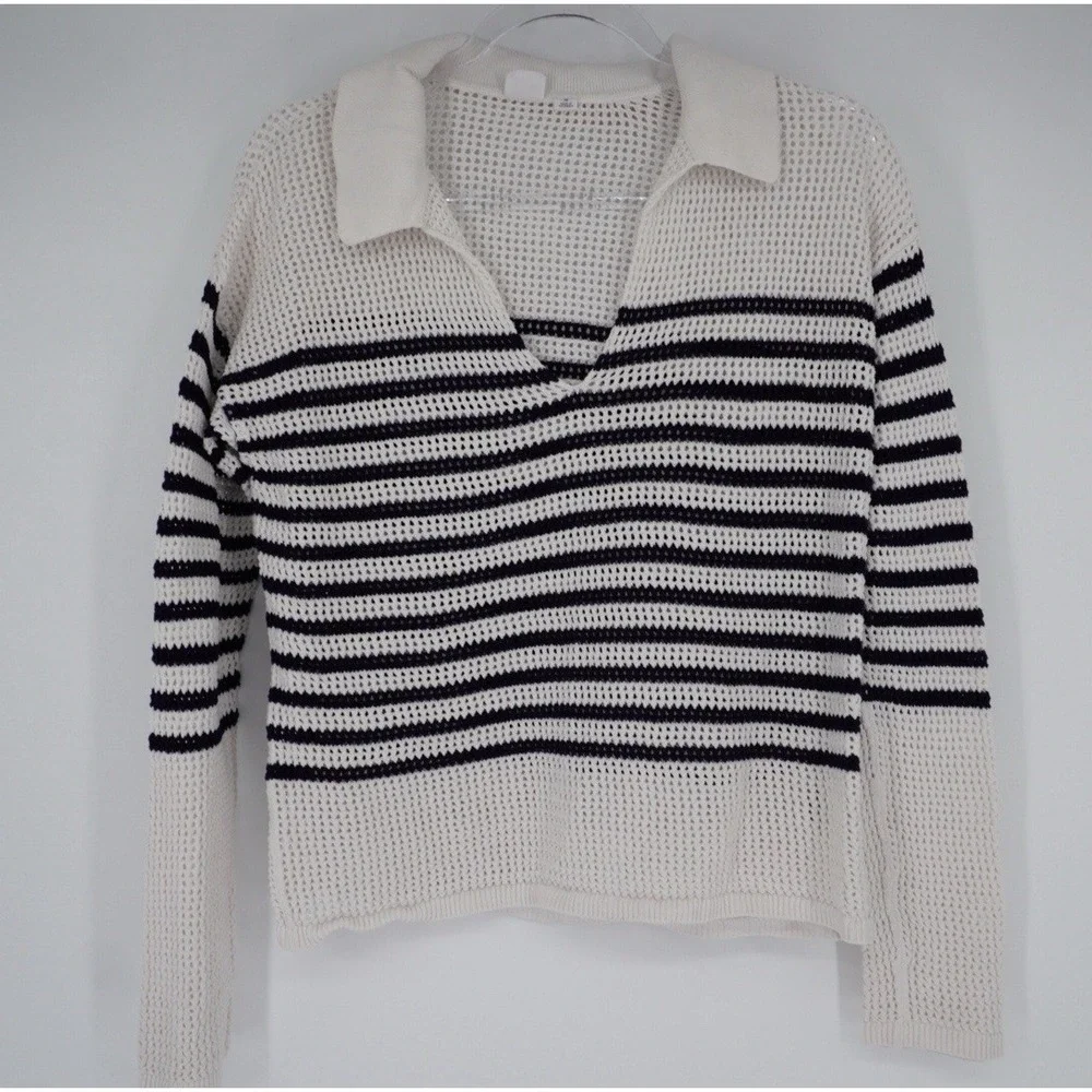 GAP Womens Sweater Relaxed Stripe White and Blue Crochet Collared Nautical M